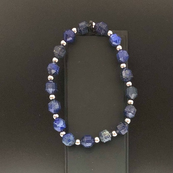 Natural Lapis Lazuli Bracelet Faceted Beads Barrel Shape Stretchable Bracelet - Picture 6 of 6